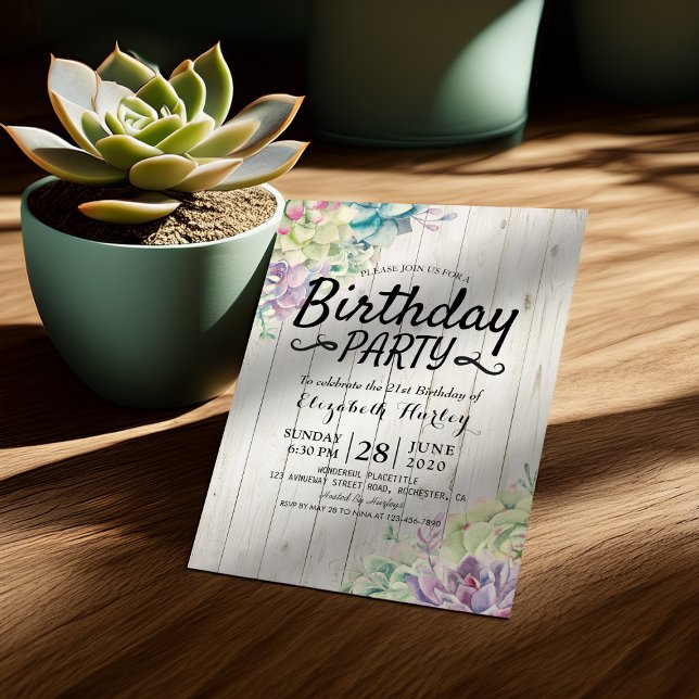 Invitation Fête Anniversaire Moderne Succulent Plante Bois ru (Créateur téléchargé)