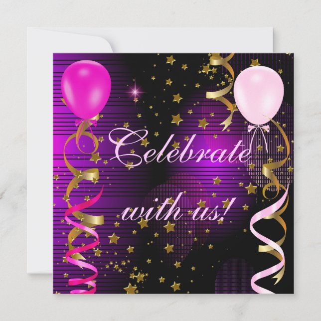Invitation Fête Anniversaire Pink Purple Stars (Devant)