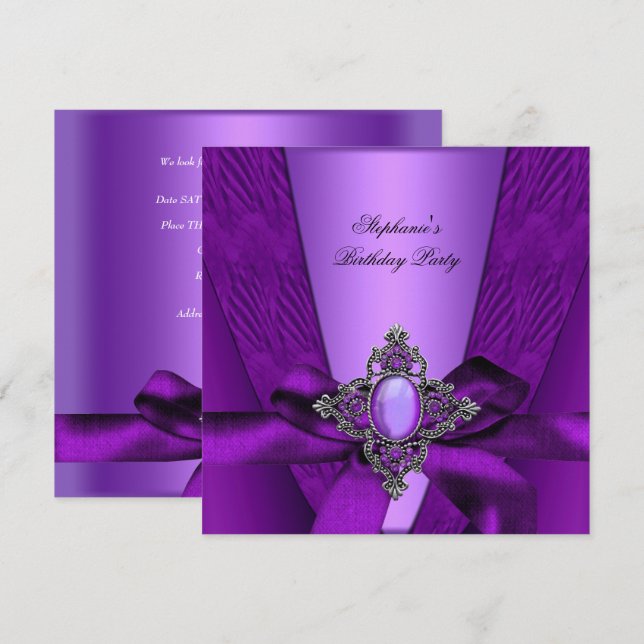 Invitation Fête Anniversaire Purple Lilac Bijou Argent Bow 2 (Devant / Derrière)