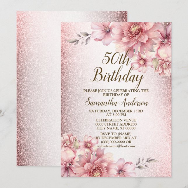 Invitation Fête Anniversaire rose Parties scintillant Fleurs  (Devant / Derrière)