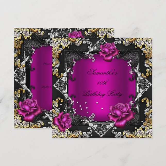 Invitation Fête Anniversaire Rose Riche Rose Or Argent Noir (Devant / Derrière)