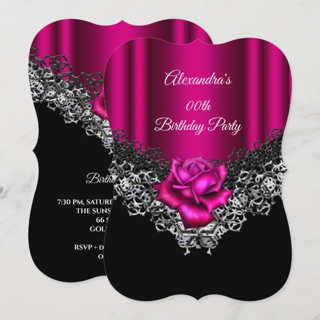 Invitation Fête Anniversaire Rose Rose dentelle Black Silver (Devant / Derrière)