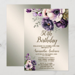 Invitation Fête Anniversaire Rose violet Fleurs Golden Elegan