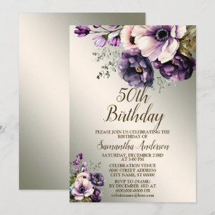 Invitation Fête Anniversaire Rose violet Fleurs Golden Elegan