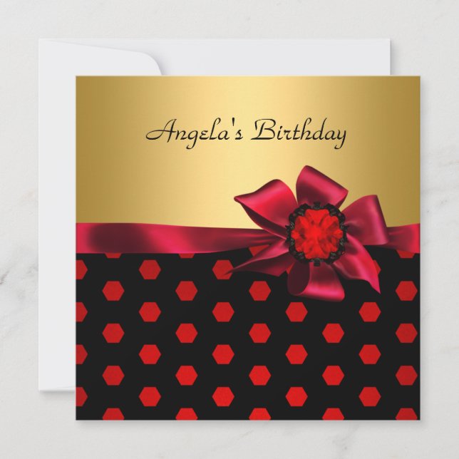 Invitation Fête Anniversaire Rouge Bow Gold Black Gold Spot (Devant)