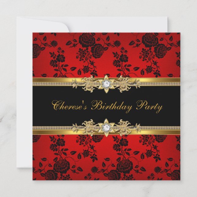 Invitation Fête Anniversaire Rouge Damas Or Black Diamond (Devant)