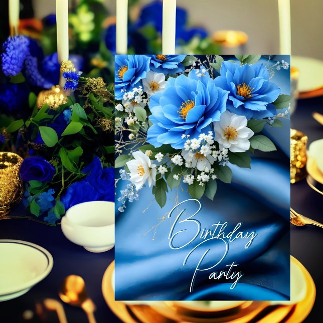 Invitation Fête Anniversaire Soie Bleu Fleurs bébé souffle (Créateur téléchargé)