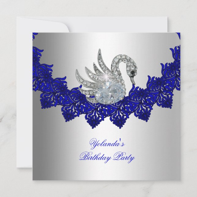Invitation Fête Anniversaire Swan Blue Silver (Devant)