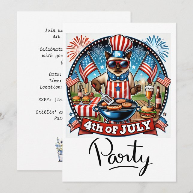 Invitation Fête au barbecue pour chats le 4 juillet jour de l (Devant / Derrière)