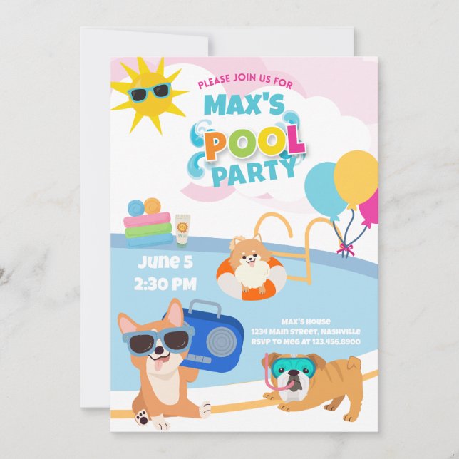 Invitation Fête au bassin pour chiens, Anniversaire de Pawty  (Devant)