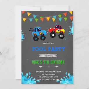 Invitation Fête au bord de la piscine avec des monstres truck