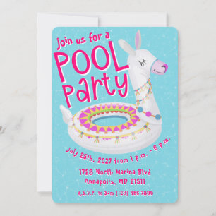 Invitation Fête au bord de la piscine avec un lama flottant