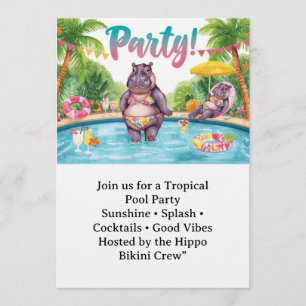 Invitation Fête au bord de la piscine Hippopotame Bikini Thèm