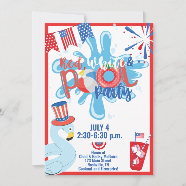 Invitation Fête au bord de la piscine l'été 4 juillet Fête du (Devant)