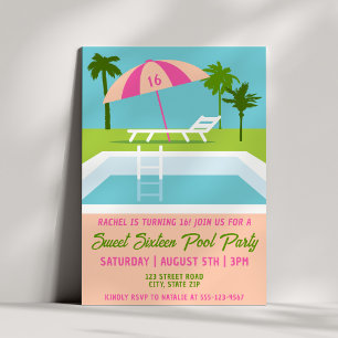 Invitation Fête au bord de la piscine pour 16 ans d'été tropi