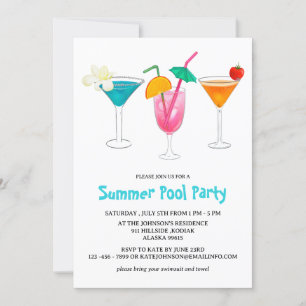 Invitation Fête au bord de la piscine pour adultes avec cockt
