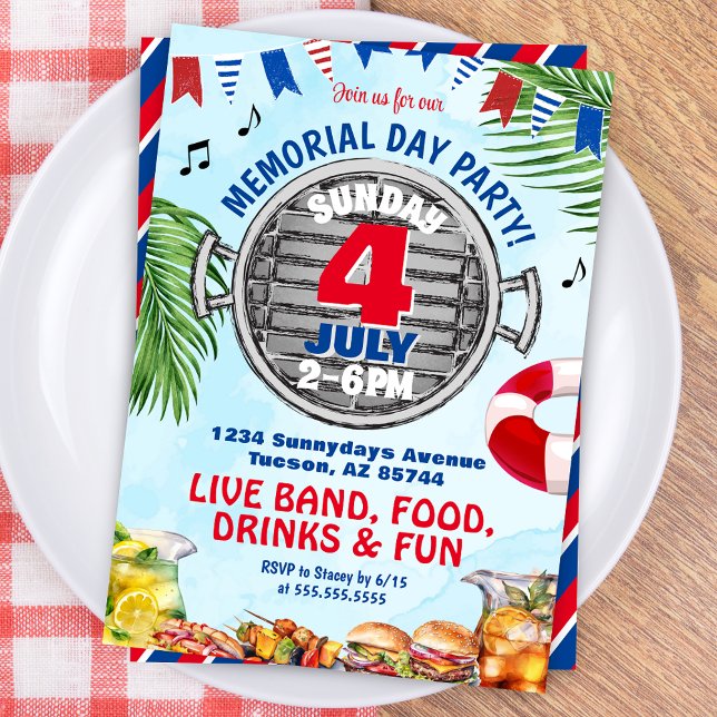 Invitation Fête au bord de la piscine pour la fête du Memoria (Patriotic Red White and Blue Memorial Day 4th of July Birthday Invitation for BBQ Pool Party Invites)