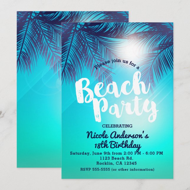 Invitation FÊTE AU BORD DE LA PLAGE Bleue Palmiers Ensoleillé (Devant / Derrière)