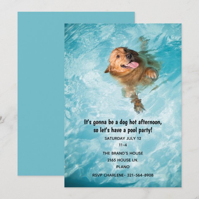 Invitation Fête au Piscine avec Chien qui Nage (Devant / Derrière)