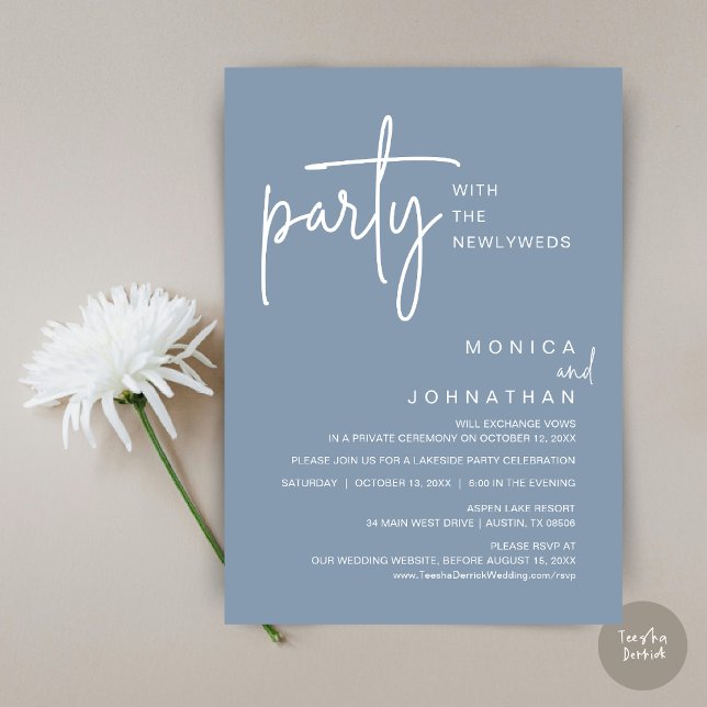 Invitation Fête Avec Les Nouveaux Mariés, Dîner Mariage (Party with the newlyweds, Post wedding dinner celebration invitation card, PDF, in Dusty Blue)