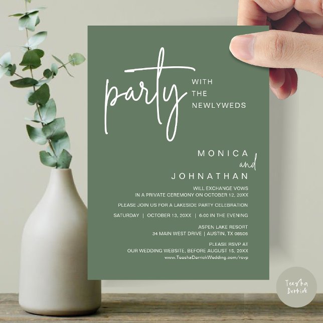 Invitation Fête Avec Les Nouveaux Mariés, Dîner Mariage (Party with the newlyweds, Post wedding dinner celebration invitation card, PDF, in Sage Green)