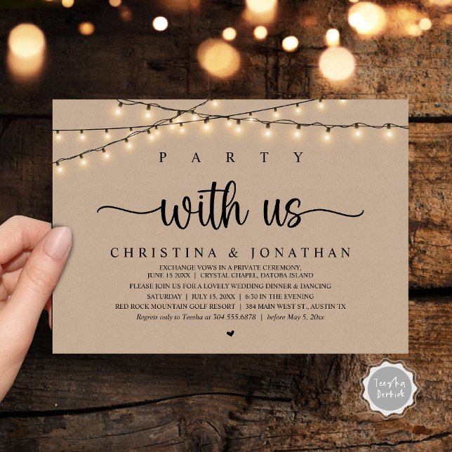 Invitation Fête avec nous, Russe Mariage Dinner Elopement (Party with us, Rustic Wedding Dinner Elopement Invitation Card, PDF, String Lights Brown Kraft)