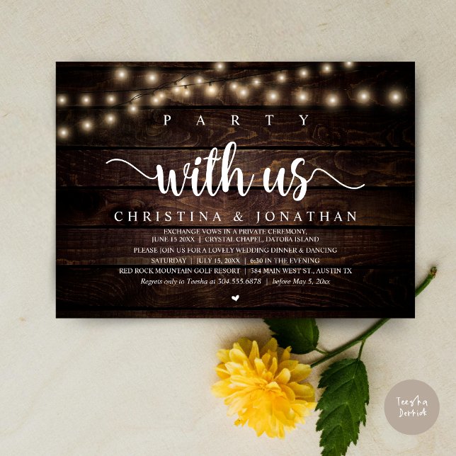 Invitation Fête avec nous, Russe Mariage Dinner Elopement (Party with us, Rustic Wedding Dinner Elopement Invitation card, pdf, in cottage dark wood)