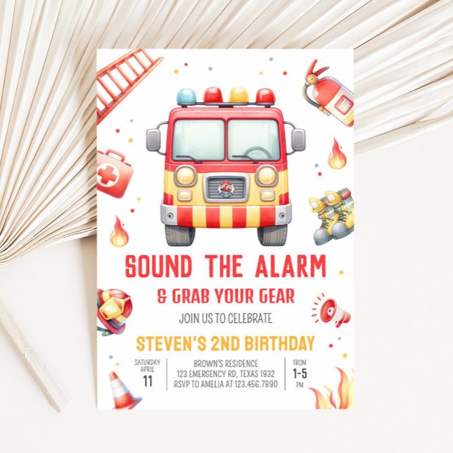 Invitation Fête Baby Shower Camion de Pompiers Sonne l'Alarme (Fire Truck Birthday Party Invitation)