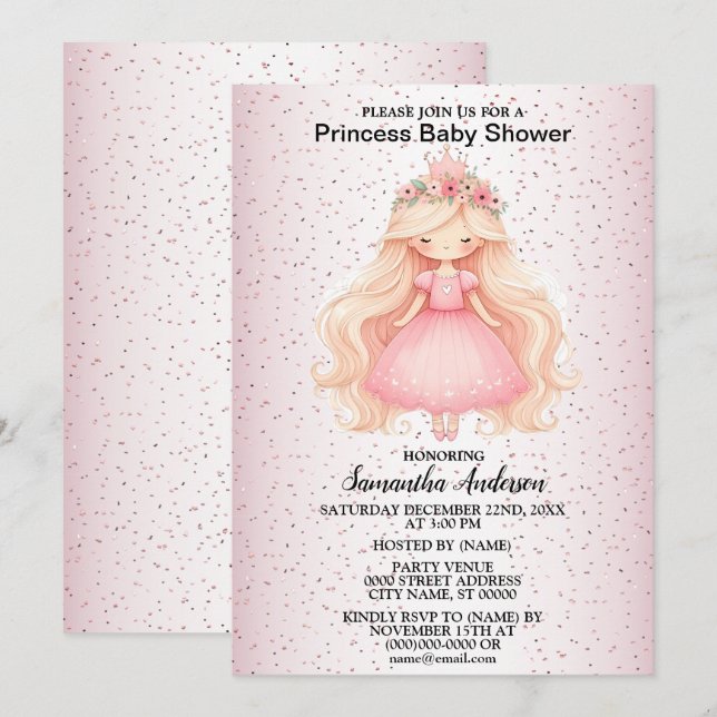 Invitation Fête Baby shower princesse rose aquarelle (Devant / Derrière)