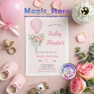 Invitation Fête BB Élégance Florale Ballon Aquarelle Rose