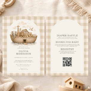 Invitation Fête bébé Arc de Noé Gingham Neutre Tout en Un
