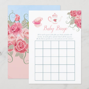 Invitation Fête bébé Baby Bingo Tasse de thé floral aux roses