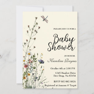 Invitation Fête Bébé Bohème Fleur Sauvage Libellule