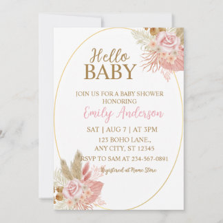 Invitation Fête bébé Bohème Rose Fleurie Herbe de Pampas