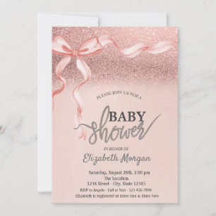 Invitation Fête bébé Bokeh rose pailleté or rose ruban rose