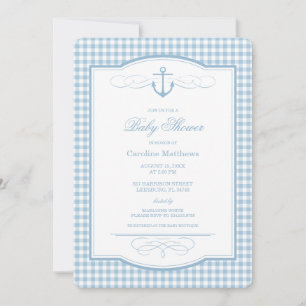 Invitation Fête Bébé Côtière Prépa Bleu Ciel à Carreaux