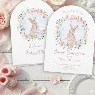 Invitation Fête bébé Couronne de fleurs sauvages et lapin de