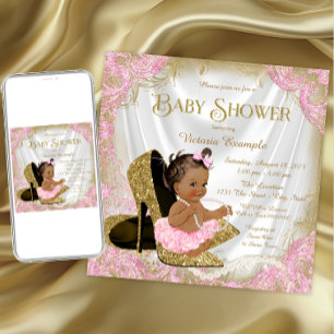 Invitation Fête bébé ethnique chaussure à paillettes or rose