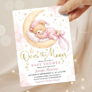 Invitation Fête Bébé Fille Ourson Rose Au-Dessus De La Lune