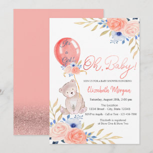 Invitation Fête bébé Fleurs Ballon Ourson