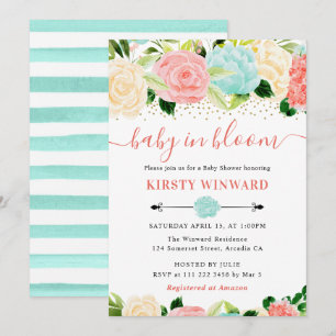 Invitation Fête bébé Fleurs rose et menthe à l'aquarelle