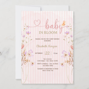 Invitation Fête bébé Fleurs sauvages papillons Rayures Lilas