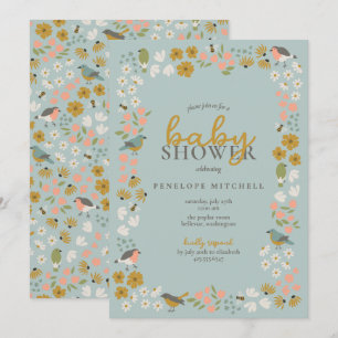 Invitation Fête bébé florale des oiseaux et des abeilles 