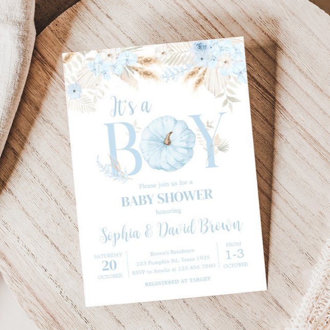 Invitation Fête bébé garçon Boho citrouille (Blue It's a Boy Boho Pumpkin Baby Shower Invitation)