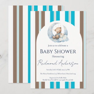Invitation Fête bébé garçon carreaux bleus et marron Classiqu