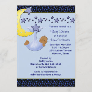 Invitation Fête bébé garçon ethnique Lune bleue Étoiles jaune