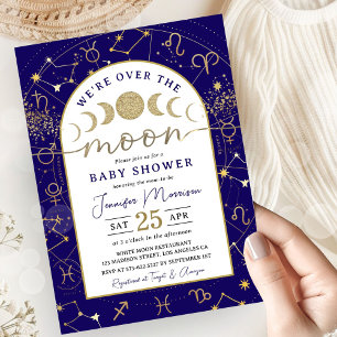 Invitation Fête Bébé Garçon « Over the Moon » Bleu Nuit et Or