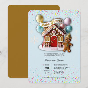 Invitation Fête bébé Maison en pain d'épices dorée