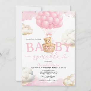 Invitation Fête bébé nuage ours neutre rose ballon