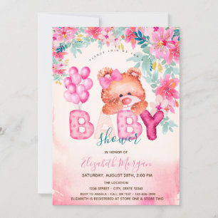 Invitation Fête bébé ours en peluche floral  